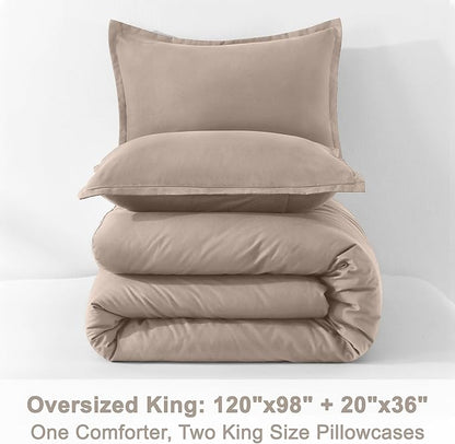 Litanika Light Coffee Comforters Oversized King Size, 3 Pieces Lightweight Solid Bedding Comforter Set, All Season Fluffy Bed Set (120x98In Comforter & 2 Pillowcases)