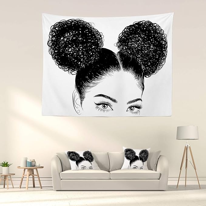Batmerry Black Woman Afro American Tapestry, Black Woman with Shirt Graphic Tee Visit Hair Afro Girl Picnic Mat Beach Towel Wall Art Decoration for Bedroom Living Room, 39.4 x 59.1 Inches, Black