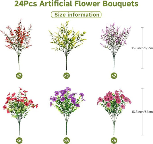 SHareconn 24 Bundles Artificial Flowers for Outdoors Decoration, Faux Plants Fake Silk Colorful Daisy Eucalyptus Lavender, UV Resistant for Outside Planters Home Porch Patio Indoor Spring,Mix 3 Colors