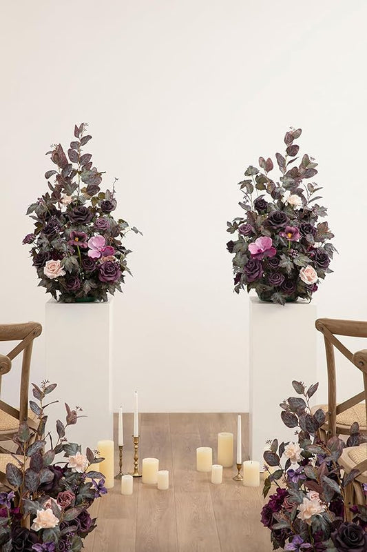 Ling's moment 41" Tall Fall Free Standing Artificial Flowers Arrangements 2pcs Wedding Aisle Runner Chair Decoration Fake deep Plum for Arch Entryway Ceremony Reception Church Rose Floral Party