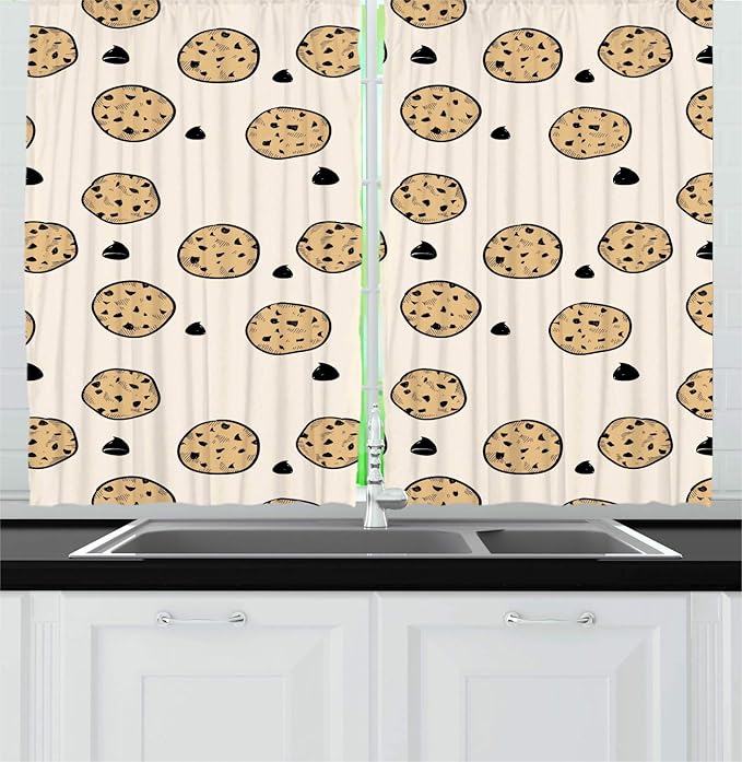 Lunarable Cookie Kitchen Curtains, Repetitive Pattern with Dark Grey Chocolate Chips Handmade Dessert, Window Drapes 2 Panel Set for Kitchen Cafe Decor, 55" X 39", Champagne Pastel Brown