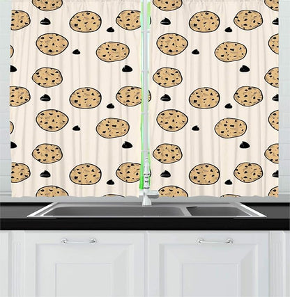 Lunarable Cookie Kitchen Curtains, Repetitive Pattern with Dark Grey Chocolate Chips Handmade Dessert, Window Drapes 2 Panel Set for Kitchen Cafe Decor, 55" X 39", Champagne Pastel Brown