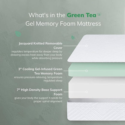 EGO White 10 inch Twin Memory Foam Mattress, Gel Green Tea Mattress Bed in a Box, CertiPUR-US Certified, 38"×75", Medium Firm