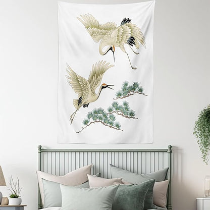 Lunarable Bird Tapestry Twin Size, 2 Japanese Cranes Flying Traditional Painting Style Far Eastern Illustration, Wall Hanging Bedspread Bed Cover Wall Decor, Twin Size, Ivory Green Black