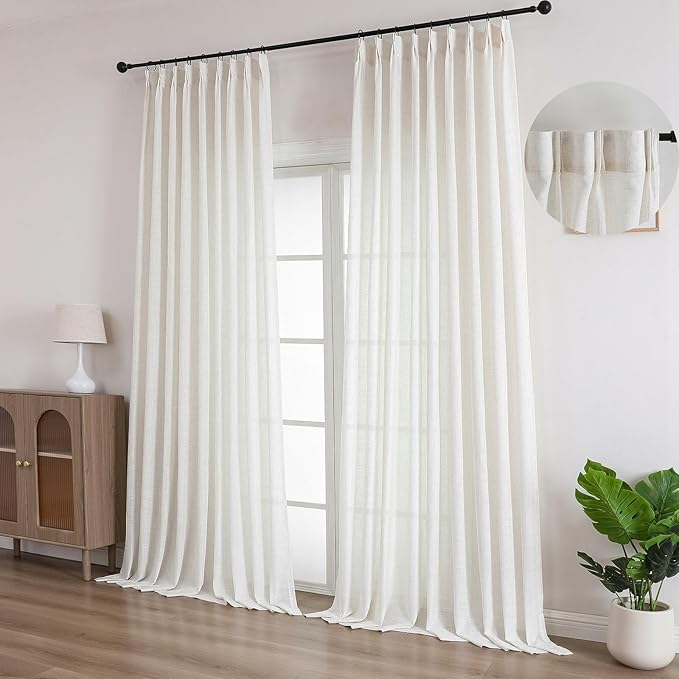 Neutral Linen Sheer Pinch Pleated Sliding Door Curtains, 2x50 Inches Width, Ivory Beige Light Filtering Drapes 84 Inches Long, Textured Modern Farmhouse Window Curtain Panels