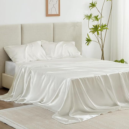 Love's cabin California King Satin Sheet Sets - 4 Piece Ivory Silky Sheets Bed Set with Deep Pocket, Luxury Silk Feel Satin Cal King Sheet Set (1 Flat Sheet,1 Fitted Sheet,2 Pillow Cases)