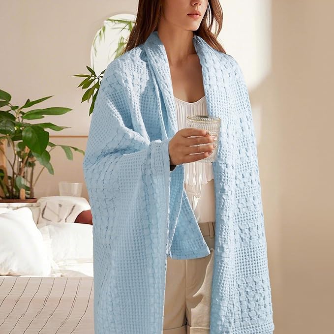PHF 100% Cotton Waffle Weave Throw Blanket, Soft Lightweight Breathable Cozy Throws for Couch Bed Sofa, Luxury Aesthetic Woven Blanket for Home Decor & Office, 50"x60", Baby Blue