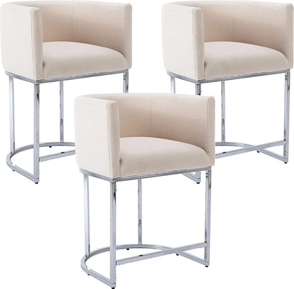 Modern Counter Height Linen Upholstered Bar Stools Set of 3, 24" Kitchen Counter Island Stools Bar Chairs with Chrome Finish Metal Frame for Kitchen Island, Cream