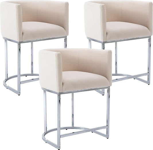 Modern Counter Height Linen Upholstered Bar Stools Set of 3, 24" Kitchen Counter Island Stools Bar Chairs with Chrome Finish Metal Frame for Kitchen Island, Cream
