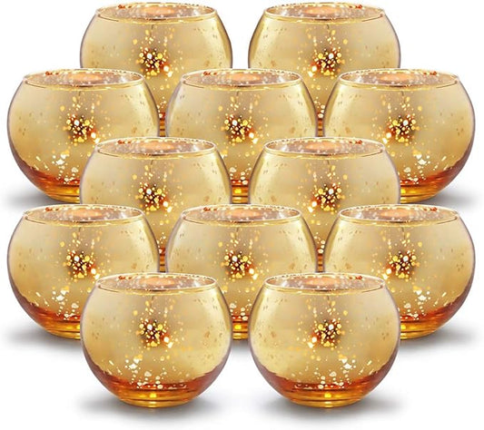 Volens Round Gold Votive Candle Holders, Mercury Glass Candle Holder Set of 12, Thanksgiving Decorations for Home