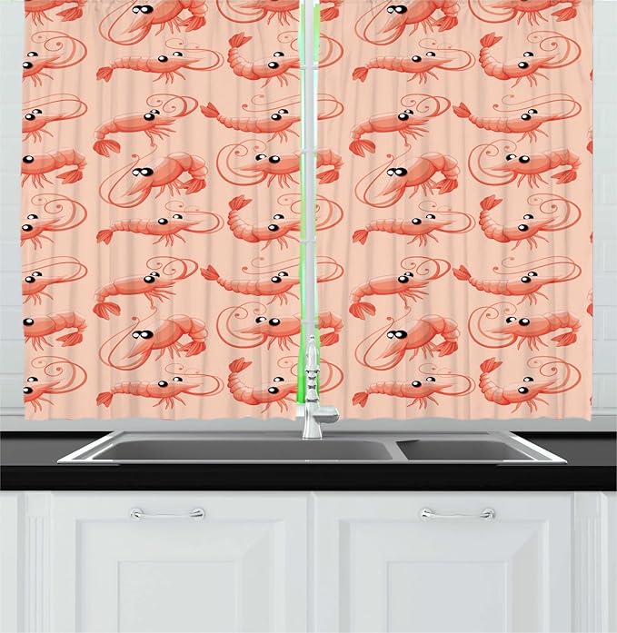 Lunarable Shrimp Long Kitchen Curtains, Monochrome Style Design Repetitive Shrimps Marine Nautical Pattern, 2 Panel Set Drapes with Rod Pocket Room Decor, 55" x 45", Pale Peach Burnt Sienna