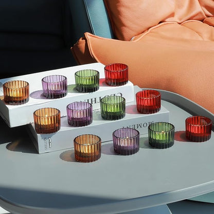VOHO 4 Colors Tealight Candle Holder Fall Decor Set of 12, Votive Candle Holders for Table Centerpiece, Ribbed Tea Light Candle Holder Glass for Halloween/Thanksgiving/Christmas Decorations/Gifts