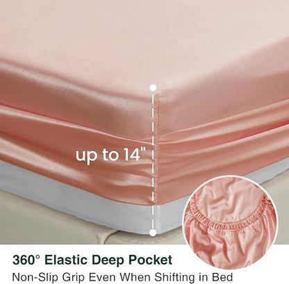 Love's cabin Full Size Satin Sheet Sets - 4 Piece Coral Silky Satin Sheet Set Full with Deep Pocket, Luxury Silk Feel Satin Bed Sheets Full Bedding Set (1 Flat Sheet,1 Fitted Sheet,2 Pillow Cases)