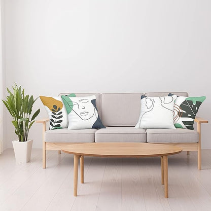 Ambesonne Minimal Throw Pillow Cushion Case Pack of 4, Modern Line Art Woman Portrait with Contemporary Leafy Geometric Details, Modern Accent Double-Sided Digital Printing, 20", Sea Green Slate Blue