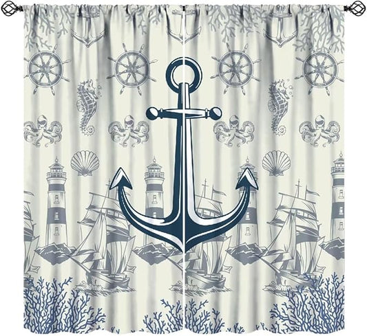 Nautical Anchor Curtains, Vintage Sailboat Ocean Coastal Lighthouse Window Drapes, Navy Blue Coral Shell Seahorse Beach Print Blackout Window Treatments for Living Room Bedroom 55x63in