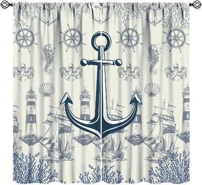 Nautical Anchor Curtains, Vintage Sailboat Ocean Coastal Lighthouse Window Drapes, Navy Blue Coral Shell Seahorse Beach Print Blackout Window Treatments for Living Room Bedroom 42x63in