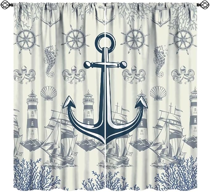Nautical Anchor Curtains, Vintage Sailboat Ocean Coastal Lighthouse Window Drapes, Navy Blue Coral Shell Seahorse Beach Print Blackout Window Treatments for Living Room Bedroom 84x84in