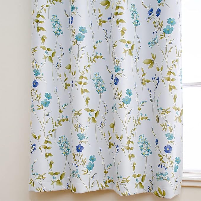 Linentalks Floral Blackout Curtains 63 Inch Length 2 Panels Set, Short Thermal Insulated Patterned Blackout Curtains for Living Room, Grommet Room Darkening Curtains Green Blue Black Out Curtains