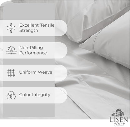 Linen Home 100% Cotton Percale Sheets Twin XL Size, Silver, Deep Pocket, 3 Pieces Set - 1 Flat, 1 Deep Pocket Fitted Sheet and 1 Pillowcase, Crisp Cool and Strong Bed Linen