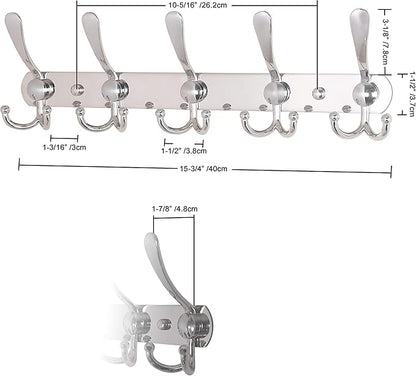 Dseap Coat Rack Wall Mounted - 5 Tri Hooks, Heavy Duty, Stainless Steel, Metal Coat Hook Rail for Coat Hat Towel Purse Robes Mudroom Bathroom Entryway,Chromed