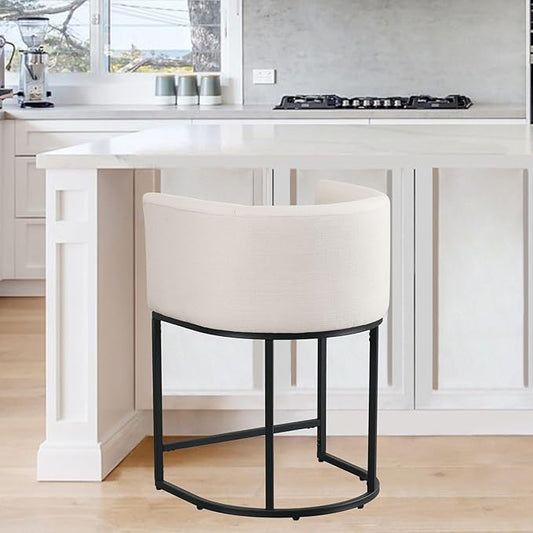 Modern Counter Height Linen Upholstered Bar Stool, 24" Kitchen Counter Island Stool Bar Chairs with Black Metal Frame for Kitchen Island, Cream