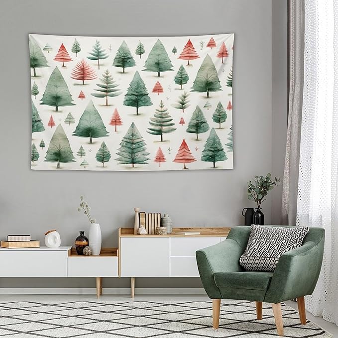 Tapestry Vintage Christmas Tree Watercolor Wall Hanging Wall Tapestry Aesthetic Winter Holiday Tapastry's Wall Hanging Wall Hanging Decor for Bedroom Landscape 60"x90" Christmas Family Party