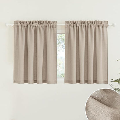 RYB HOME Linen Curtains Over Sink 36 inches Length, 2 Panels Light Filtering Privacy Semi Sheer Curtains for Bathroom Kitchen Car Small Window, Length 36 by Width 52 inch, Khaki