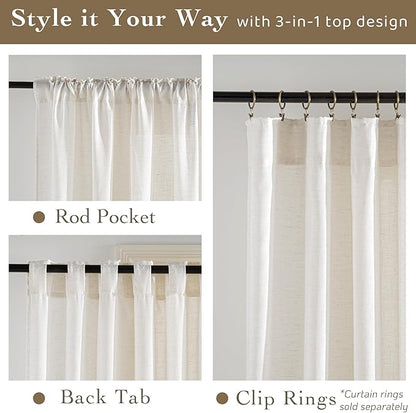 RYB HOME Sheer Curtains 108 inches Long Linen Blend Vertical Extra Long High Ceiling Window Drapes for Living Room, Office, Nursery, Rod Pocket & Back Tab, Ivory, W 52 x L 108 inch, Set of 2