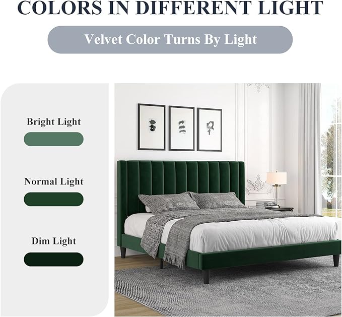Allewie Full Bed Frame/Velvet Upholstered Bed Frame with Vertical Channel Tufted Headboard/Strong Wooden Slats/Platform Bed Frame/Mattress Foundation/Box Spring Optional/Easy Assembly/Green