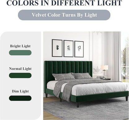Allewie Full Bed Frame/Velvet Upholstered Bed Frame with Vertical Channel Tufted Headboard/Strong Wooden Slats/Platform Bed Frame/Mattress Foundation/Box Spring Optional/Easy Assembly/Green