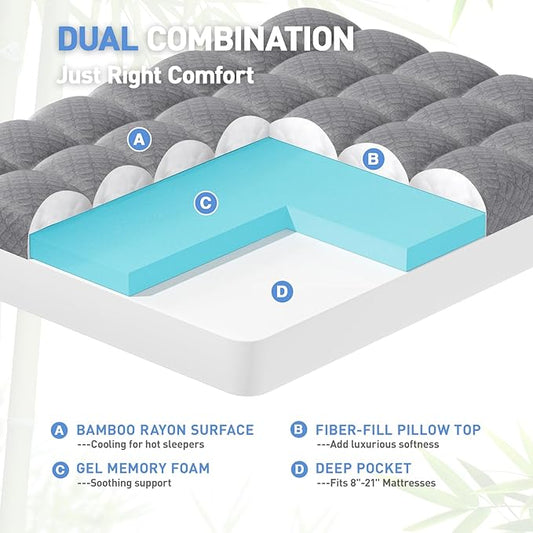 Dual Layer 3 Inch Memory Foam Mattress Topper Full Size, 2 Inch Cooling Gel Memory Foam Plus 1 Inch Pillow Top Mattress Pad Cover, with 8-21 Inch Deep Pocket, Grey