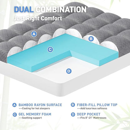 Dual Layer 3 Inch Memory Foam Mattress Topper Queen Size, 2 Inch Cooling Gel Memory Foam Plus 1 Inch PillowTop Mattress Pad Cover, with 8-21 Inch Deep Pocket, Grey