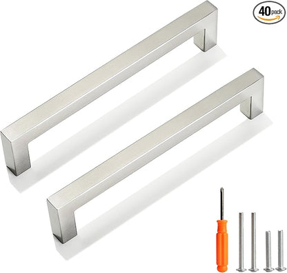 Cabinet Pulls Brushed Nickel Cabinet Handles Square Drawer Pulls, 40 Pack 6-1/4 Inch Stainless Steel Kitchen Door Cupboard Cabinet Handles, Cabinet Hardware Drawer Handles, 160mm Hole Centers