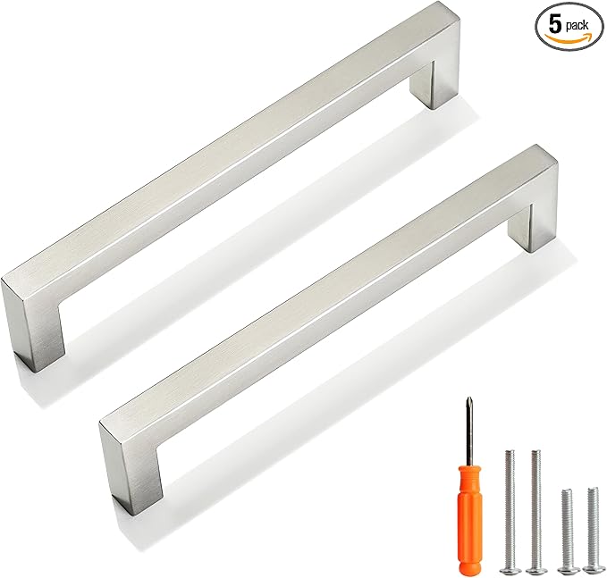 Cabinet Pulls Brushed Nickel Cabinet Handles Square Drawer Pulls, 5 Pack 6-1/4 Inch Stainless Steel Kitchen Door Cupboard Cabinet Handles, Cabinet Hardware Drawer Handles, 160mm Hole Centers