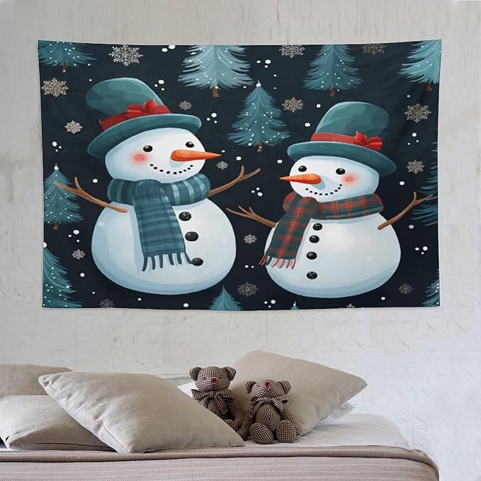 Wall Tapestry Snowman Couple Tapestry Hello Winter Snowman Aesthetic Bedroom Tapestries for Bedroom Colorful Wall Hanging Aesthetic Wall Art For Room Decor 60"x90" Christmas Family Party