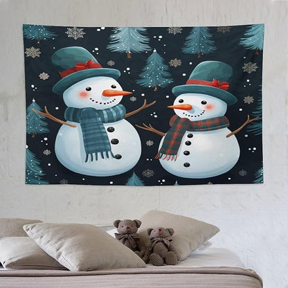 Wall Tapestry Snowman Couple Tapestry Hello Winter Snowman Aesthetic Bedroom Tapestries for Bedroom Colorful Wall Hanging Aesthetic Wall Art For Room Decor 60"x90" Christmas Family Party
