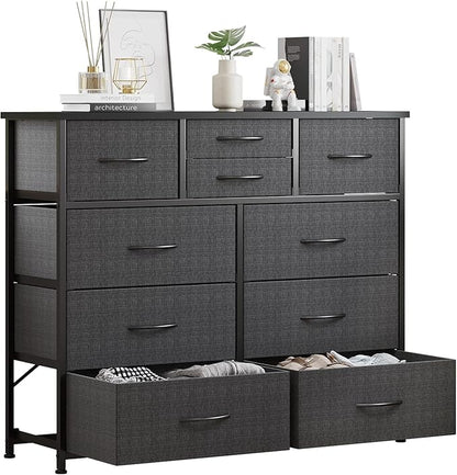 LUMTOK 10-Drawer Dresser, Fabric Storage Dressers for Bedroom, Hallway, Nursery, Closets, Steel Frame, Wood Top, Easy Pull Handle (Grey)