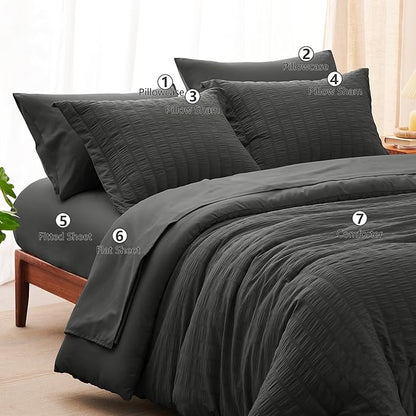 CozyLux Full Size Comforter Sets with Sheets Seersucker 7 Pieces Dark Grey Bed in a Bag Textured Luxury Soft Bedding Set with Down Alternative Comforter, Sheets, Pillowcases & Shams for All Seasons