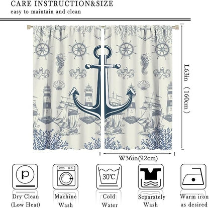 Nautical Anchor Curtains, Vintage Sailboat Ocean Coastal Lighthouse Window Drapes, Navy Blue Coral Shell Seahorse Beach Print Blackout Window Treatments for Living Room Bedroom 72x63in