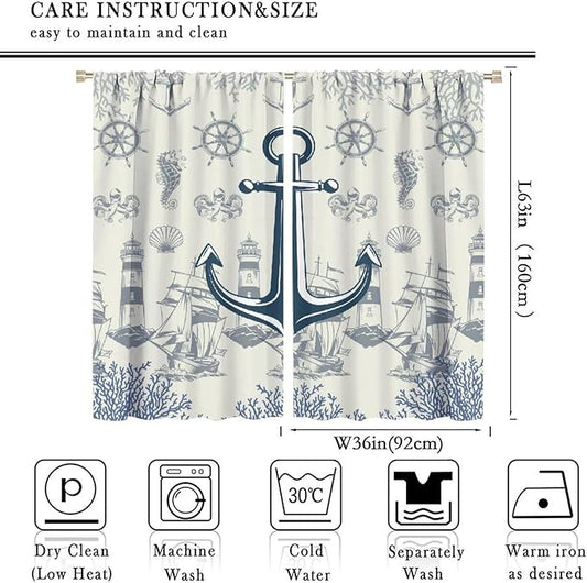 Nautical Anchor Curtains, Vintage Sailboat Ocean Coastal Lighthouse Window Drapes, Navy Blue Coral Shell Seahorse Beach Print Blackout Window Treatments for Living Room Bedroom 72x63in