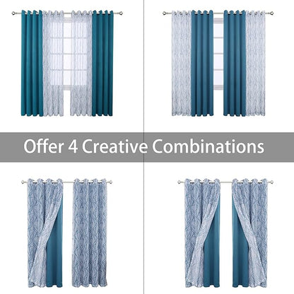 BONZER Mix and Match Curtains - 2 Pieces Branch Print Sheer Curtains and 2 Pieces Blackout Curtains for Bedroom Living Room Grommet Window Drapes, 54x84 Inch/Panel, Teal, Set of 4 Panels