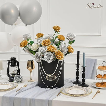Serwalin 20pcs Artificial Silver Roses, 4'' Big Flower Head, Fake Roses Real Touch, Silk Roses Long Stems Realistic Bouquet for Wedding Parties Table Centerpiece and Home Decor