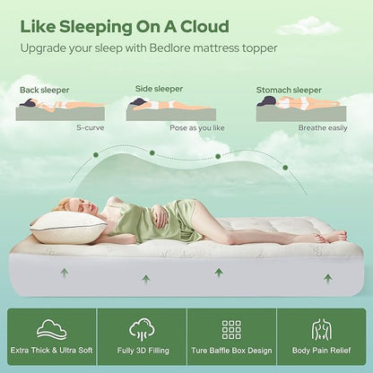 BEDLORE Twin Mattress Topper Viscose Derived from Bamboo, Thick Pillow Top Mattress Pad with Stretchable Pockets for 6-15 inches Mattress, Soft Breathable Mattress Topper for Back Pain Relief