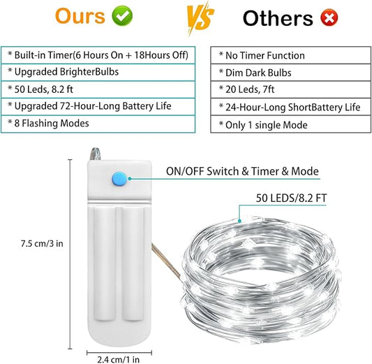 ZNYCYE 50 LED Fairy Lights with Timer, 6 Pack 8.2Ft 8 Modes Battery Operated Fairy Lights, Mini Led String Lights for DIY Wedding Bedroom Mason Jar Vases Table Party Christmas Decoration (Cool White)