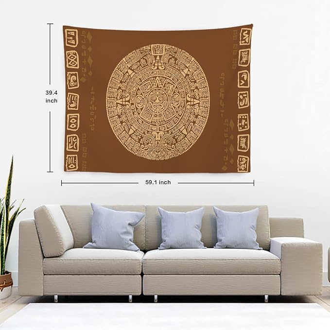 Batmerry Brown Ancient Mayan Tapestry, Calendar Wall Art Hanging Decoration Polyester Fiber White Ruffled Around for Dorm Room Bedroom Living Room, 39.1x59.1 inches