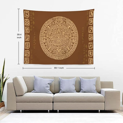 Batmerry Brown Ancient Mayan Tapestry, Calendar Wall Art Hanging Decoration Polyester Fiber White Ruffled Around for Dorm Room Bedroom Living Room, 39.1x59.1 inches