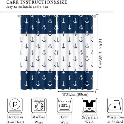 Anchor Pattern Curtains, Nautical Theme Navy Blue White Anchor Sea Life Adventure Print Blackout Window Treatments for Living Room Boys Men's Bedroom 63x63in
