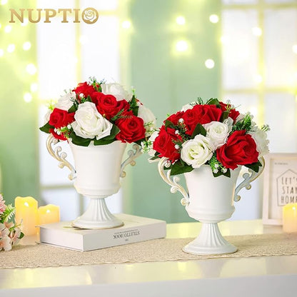 NUPTIO Pcs of 10 Fake Flower Ball Arrangement Bouquet,15 Heads Plastic Roses with Base, Suitable for Our Store's Wedding Centerpiece Flower Rack for Parties Valentine's Day Home Décor (Red & White)