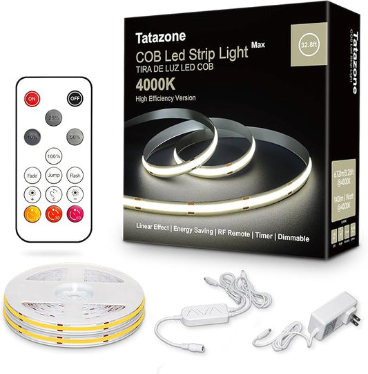32.8ft 4000K White COB Led Strip Lights with Remote, Dimmable Bright Neutral White COB Light Strip, Indoor COB Led Lights for Kitchen, Room, Cabinet, 2 Rolls of 16.4ft