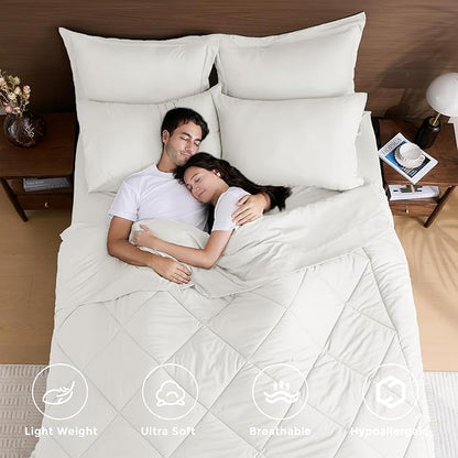 HEVUMYI Ivory Queen Comforter Set - 7-Piece All Season Bed in a Bag Queen, Ultra Soft Bedding Set with Comforter, Flat Sheet, Fitted Sheet, Pillowcases, Pillow Shams